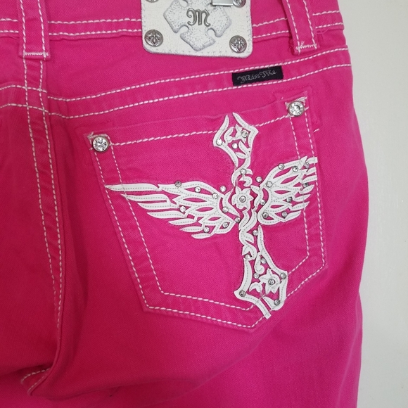 MISS ME SKINNY pink 33 Stretch Rhinestone Embellished Pockets Jeans - Picture 6 of 8